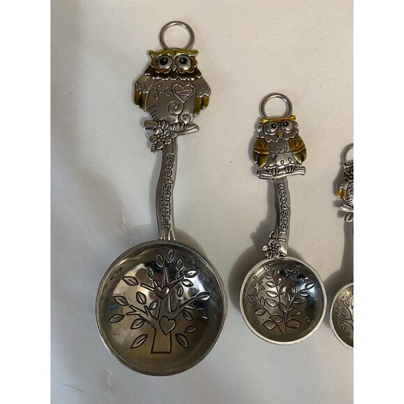 Owls Measuring Spoons Amber Silver Owls Branches Tree Hearts 4 Pc Set - Picture 2 of 13